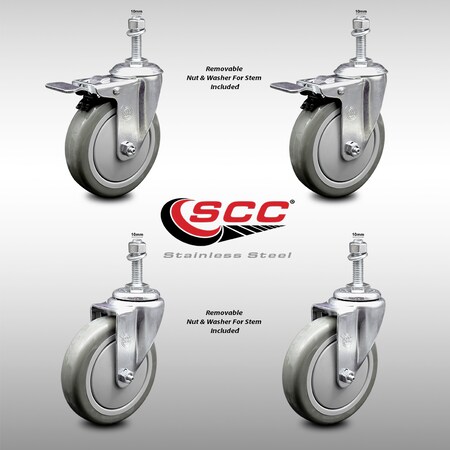 Service Caster 5 Inch SS Gray Polyurethane 10mm Threaded Stem Caster Total Lock Brake, 2PK SCC-SSTSTTL20S514-PPUB-M1015-2-S-2